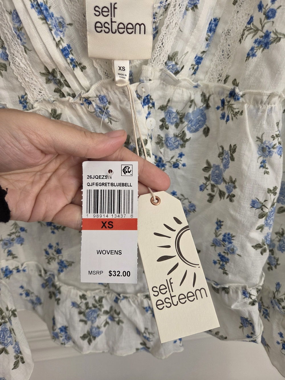 Self Esteem White Camisole with Blue Floral Print and Lace Trim - Picture 3 of 6